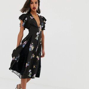 ASOS DESIGN Midi Black Dress With Godet Lace Inserts Floral V-Neck Size 12